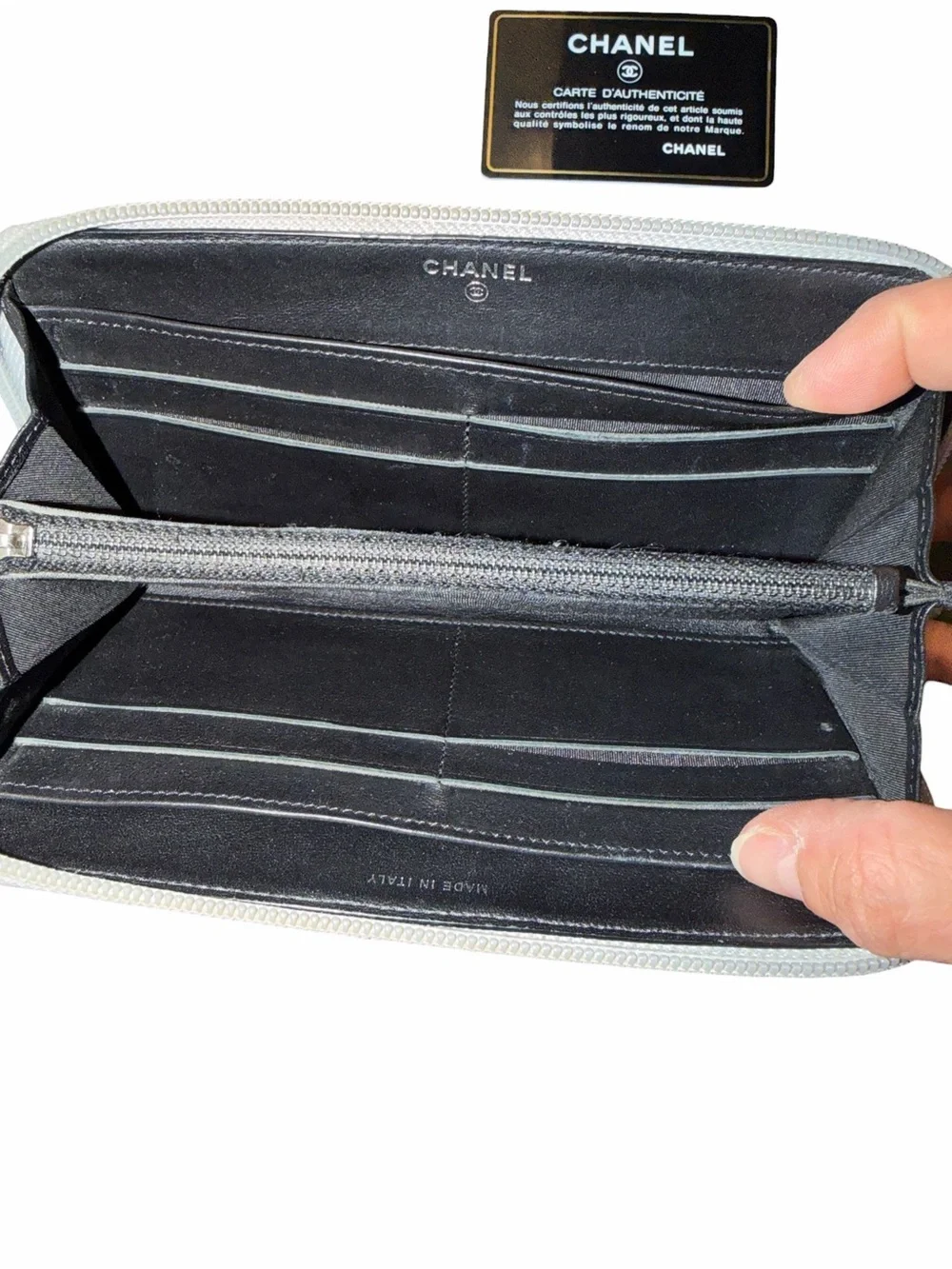 CHANEL Black/Silver Leather Compact Boy Wallet